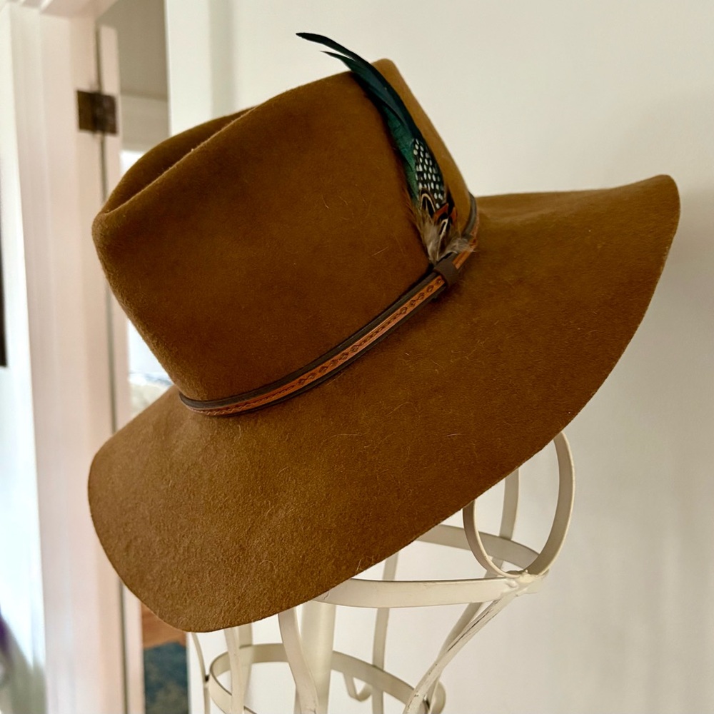 Brown Wide Brim Hat with Feather Accent